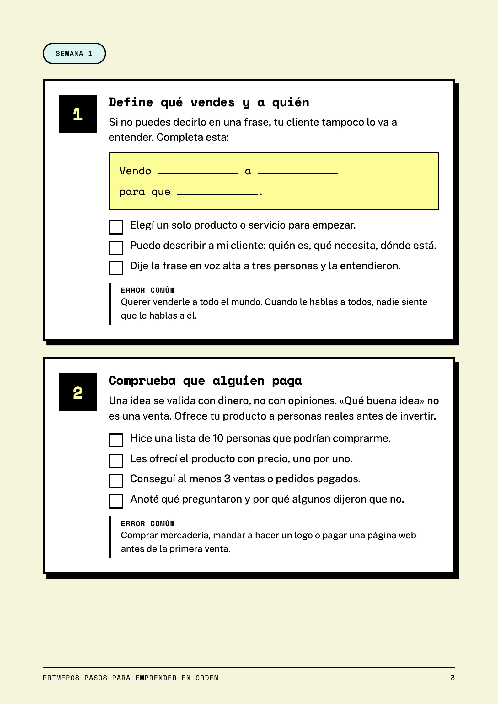 Página 3 de la guía, semana 1: paso 1, define qué vendes y a quién, con la frase para completar «Vendo ___ a ___ para que ___», y paso 2, comprueba que alguien paga.